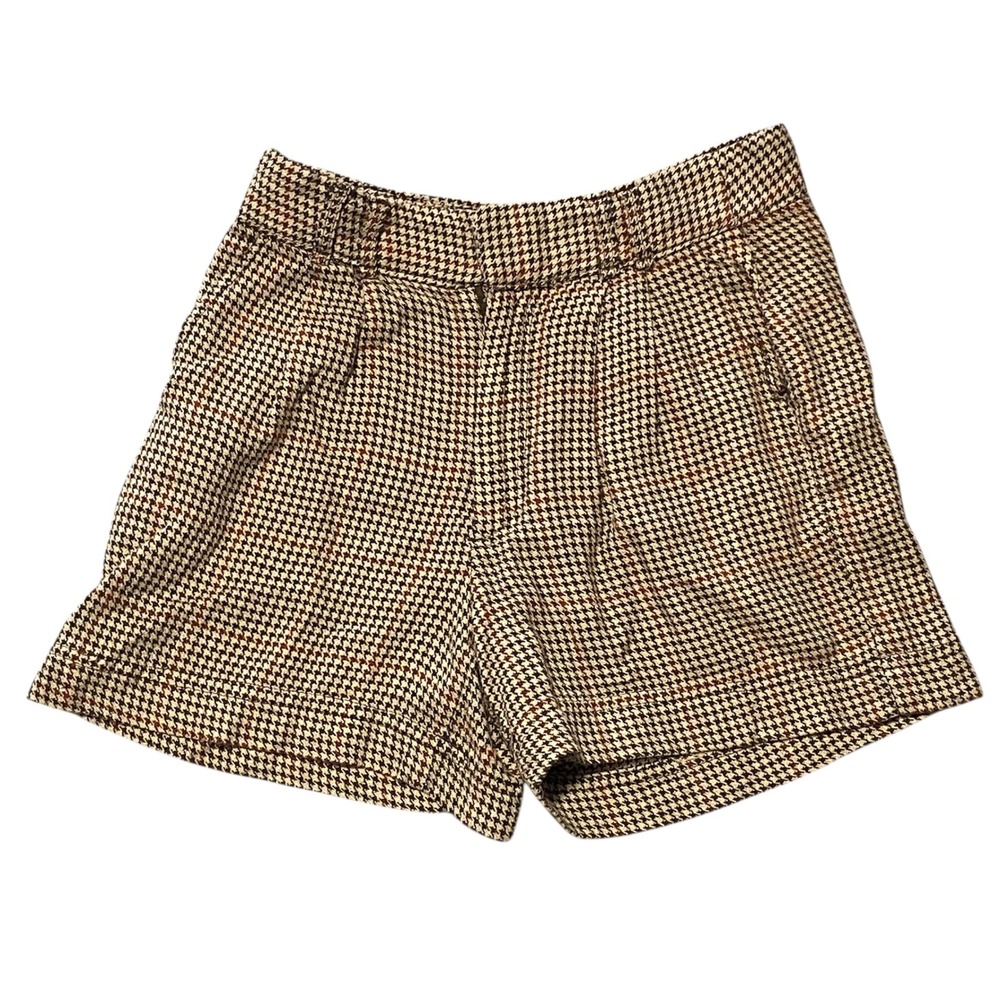 Free People Houndstooth Linen Blend High Waisted Pleated Shorts Brown‎ Size 0
